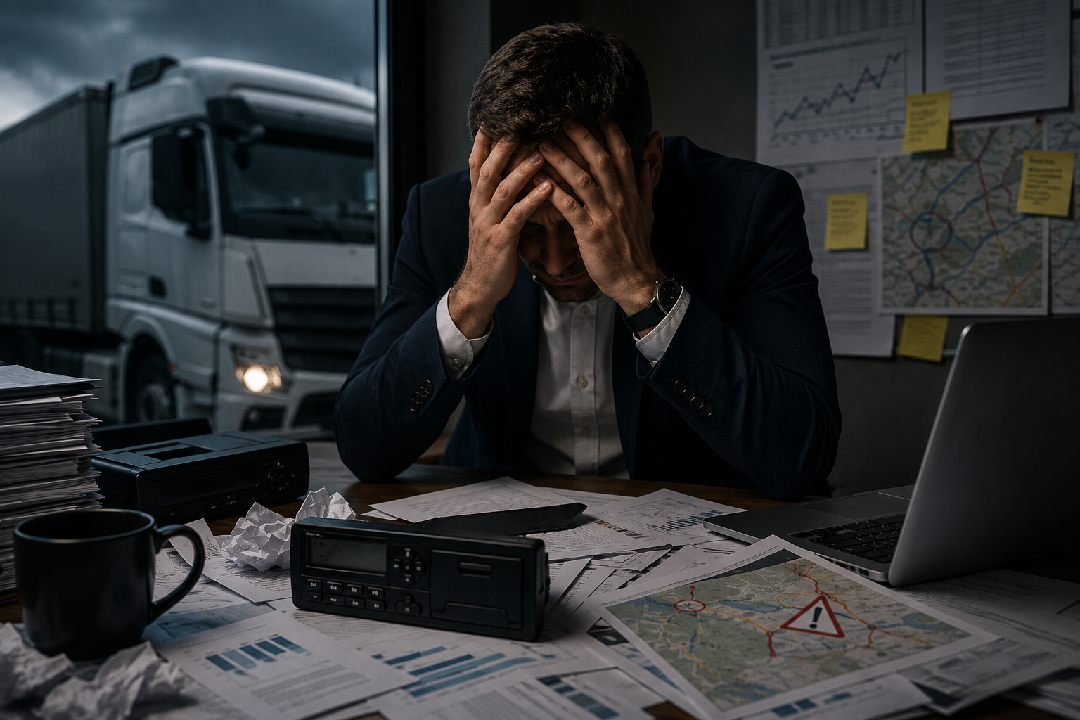 Zmartwiony przedsiębiorca transportowy, dokumenty, tachograf i problemy w firmie transportowej