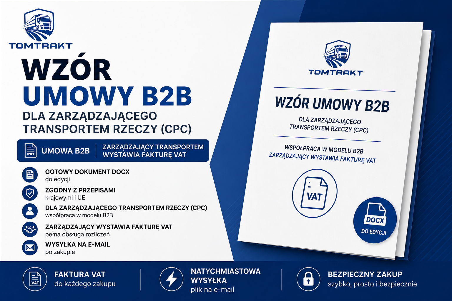 Gotowy wzór umowy dla Zarządzającego Transportem (CPC) – współpraca B2B | Faktura VAT | Wysyłka e-mail